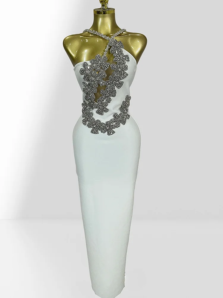 

2026 Luxury Diamonds Sexy Crossbelt Badycon White Bandage Ankler Length Dress Fashion Woman Party Dress Birthday Party Outfit