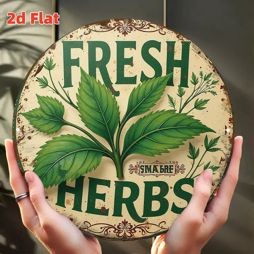 2D Flat, 1pc Vintage Herb Garden Memorial Plaque - Round Aluminum Metal Wall Art with Herb Identification Labels