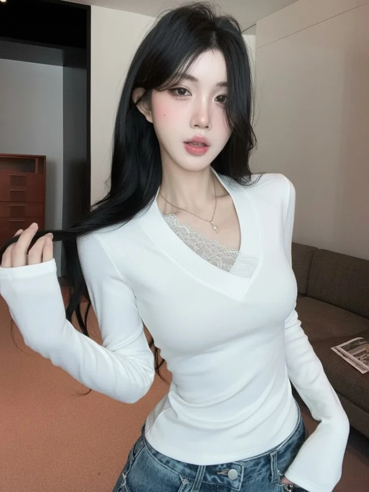 

Slim Fit Lace Patchwork V Neck Long Sleeve T Shirt Women Spring Summer New Waist Cinching Design Elegantly Shoulder Top
