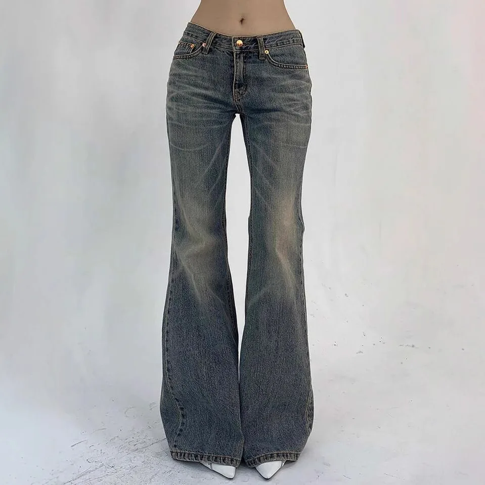 Retro Blue Slim Casual Simpe Basic Daily Flared Denim Trousers for Women European American Vintage Fashion Jean Pants Streetwear