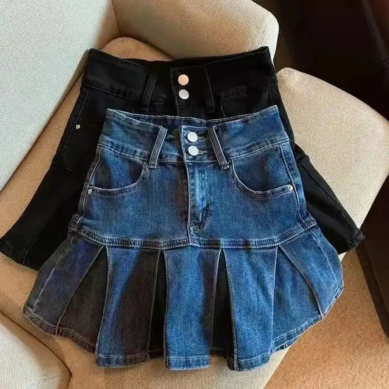 

Vintage blue high-waisted slimming pleated skirt with ruffles2025Anti-exposure lined sexy denim mini skirt