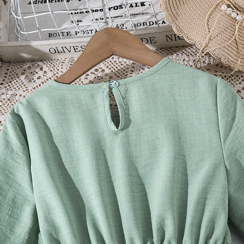 Frühlingskleid für Teenager-Mädchen, strukturiertes Midikleid, Schlüssellochverschluss hinten, elastische Taille, ausgestellter Saum, lange Ärmel, lässiges, einfarbiges Kinderkleid – Detail 8