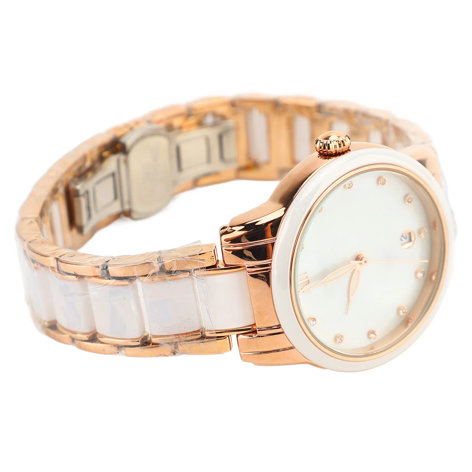 Women Quartz Watch Rhinestone Decoration Ceramic Stainless Steel Band Water Resistant Wrist Watch with Date Rose Gold