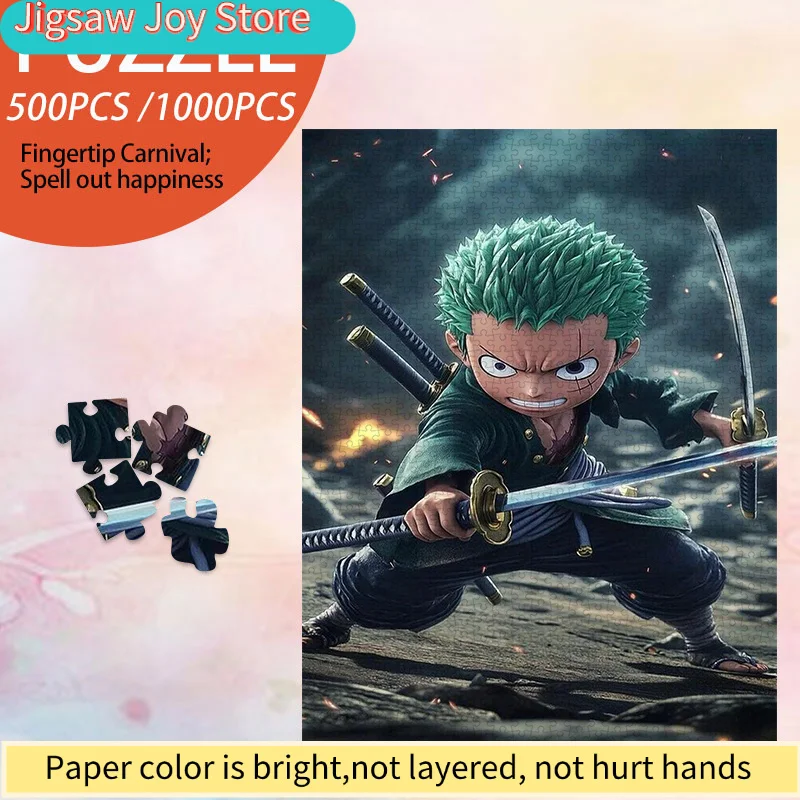 

Пазл из бумаги на 500 элементов, DIY-пазл, большой пазл, пазл для взрослых. Зеленоволосый самурай Зоро, держащий две катаны, в бою