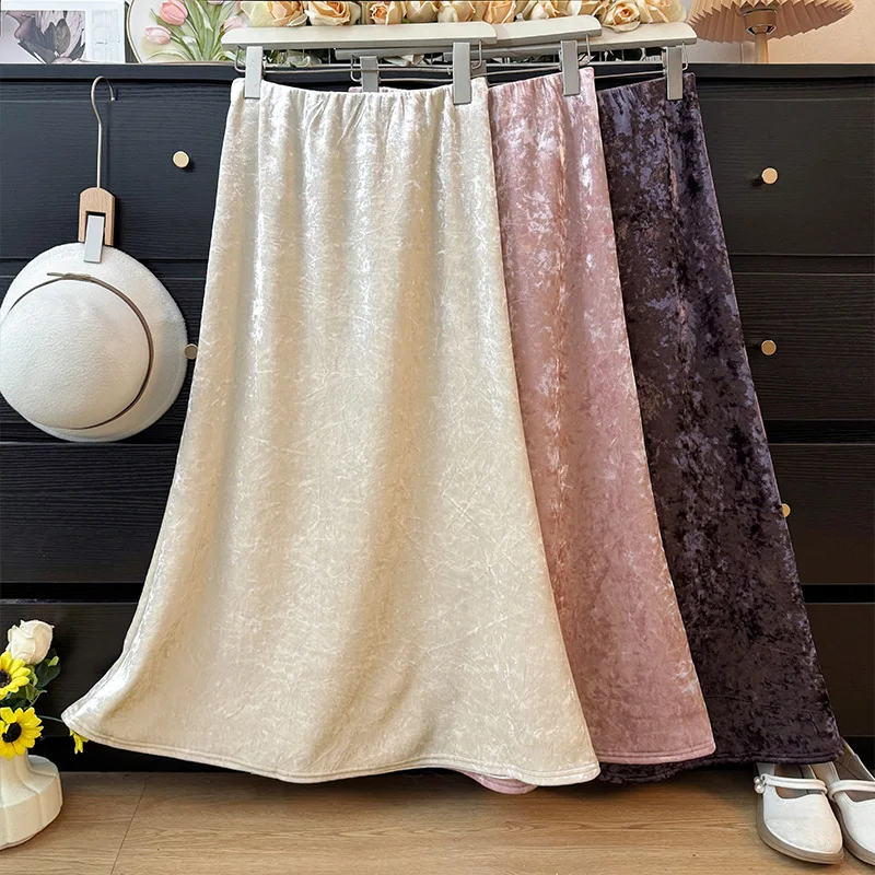 

Ретро-юбка миди из глянцевого фиолетового бархата для женщин, весенняя, на флисовой подкладке, с эластичной талией, облегающая, фасон «русалка», элегантная повседневная модель