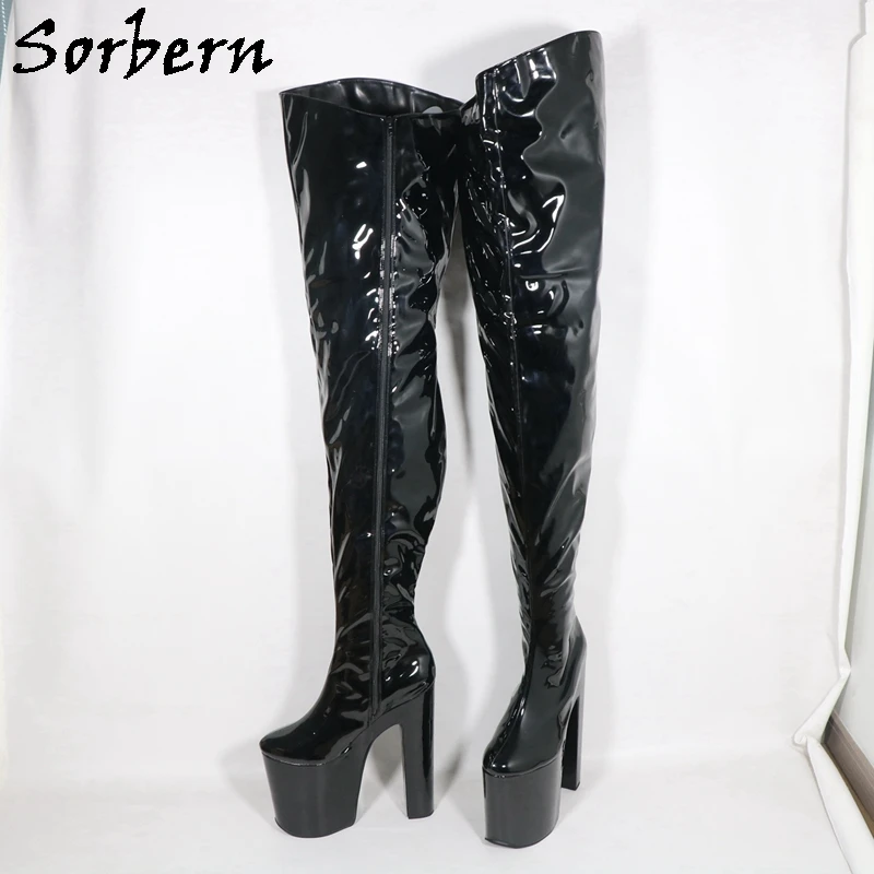 Sorbern Black Crotch High Boots Women Zipper Up Thick Platform Designer Fetish Extreme High Heel Boots Fetish Plus Size US4-17