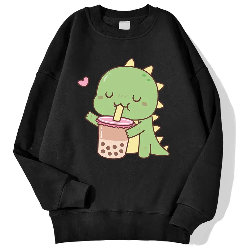 

Green Little Dinosaur Loves Pearl Milk Tea Printing Men'S Sweatshirt Autumn Casual Hoody Loose Warm Pullover Street Trend Tops