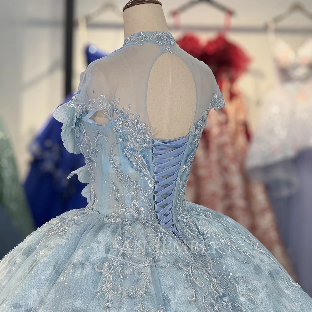 멕시코 반짝이는 비즈 장식 킨세아녜라 드레스 민소매 볼 가운 하이 칼라 스위트 16 드레스 맞춤 제작 베스티도스 데 15 킨세아녜라