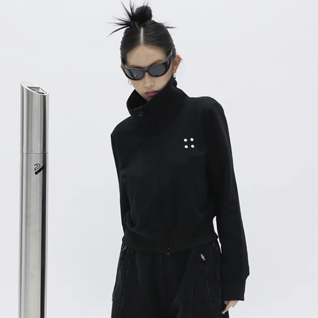 Spring Autumn Versatile Lightweight Sports Jacket Minimalist Dot Detail Casual Outerwear Stand Collar Zip-Up Cropped Sweatshirt