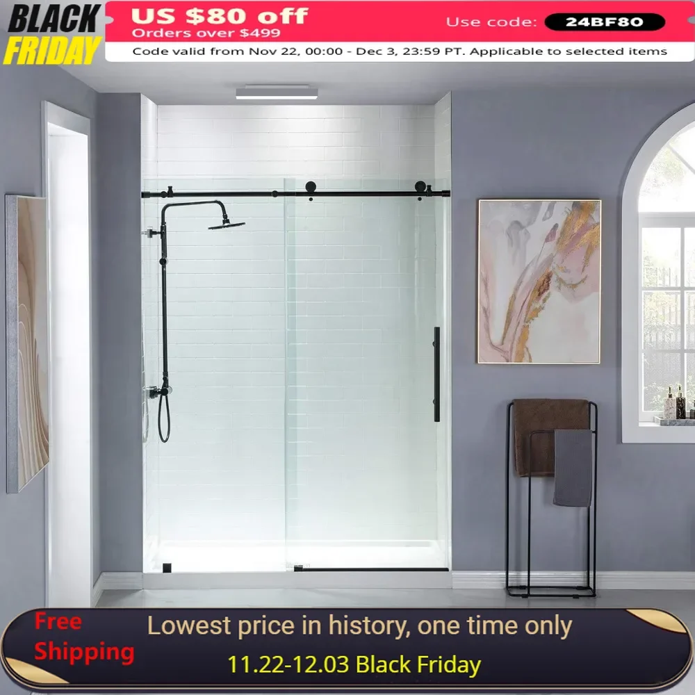 

Shower Door, 56-60 in. W X 76 in. H, Frameless Sliding Showers Doors, Clear Tempered Glass, Bathroom Shower Door