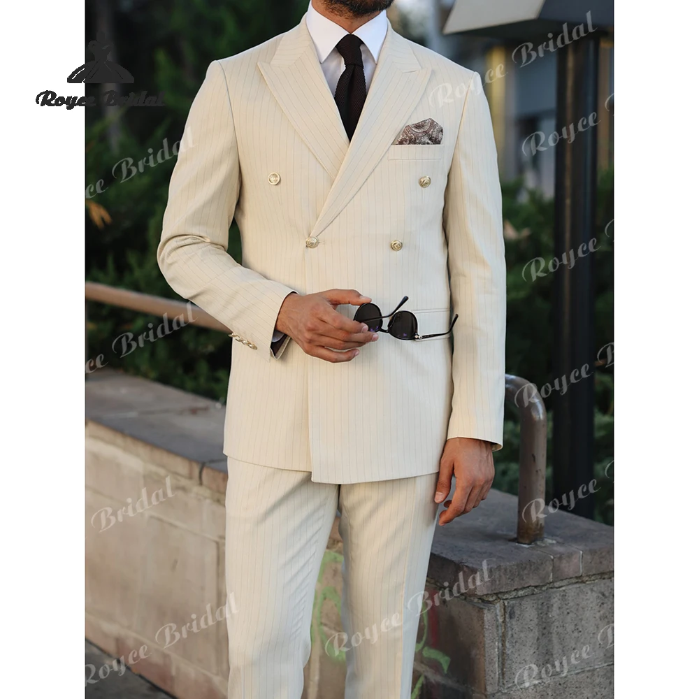 Beige Peak Lapel Two Piece Double Breasted Wedding Men's Suits 2026 Casual Prom Business Suits costume homme mariage