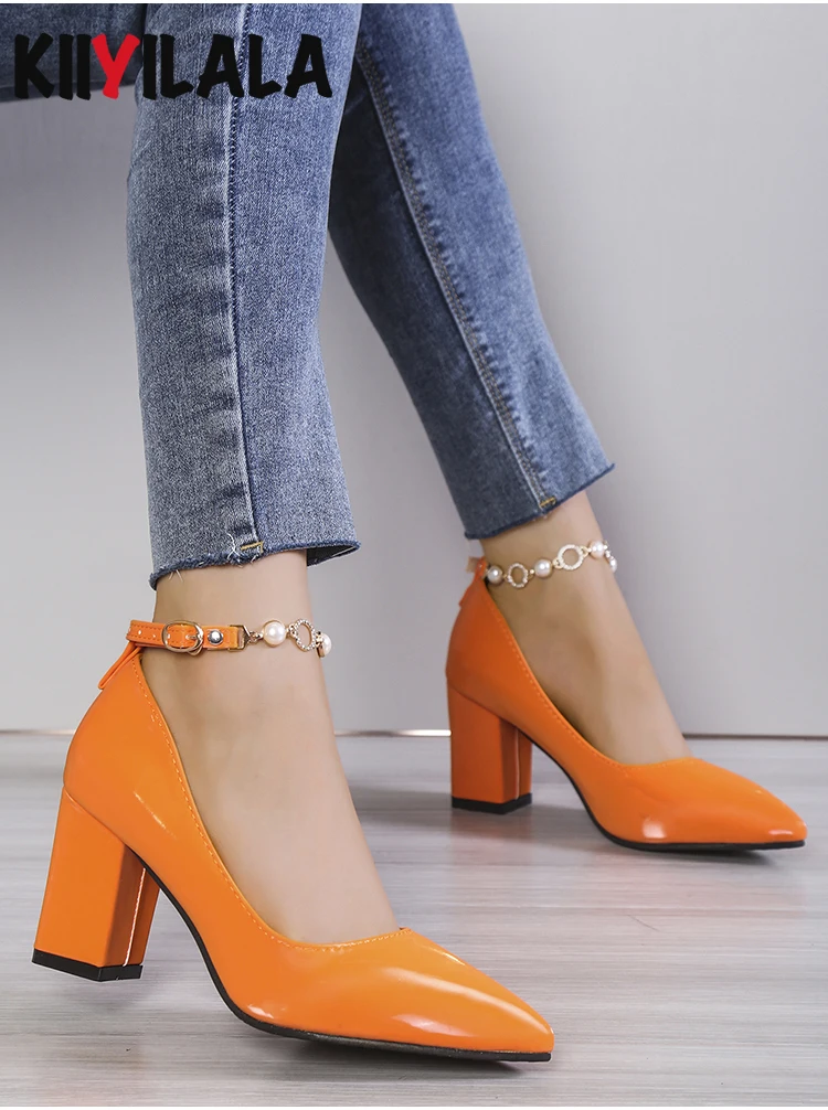 Orange Pearl Crystals Buckle Chain Pumps Women Shoes 7cm Chunky High Heel Pointed Toe Patent Leather Female Plus Size 31-46