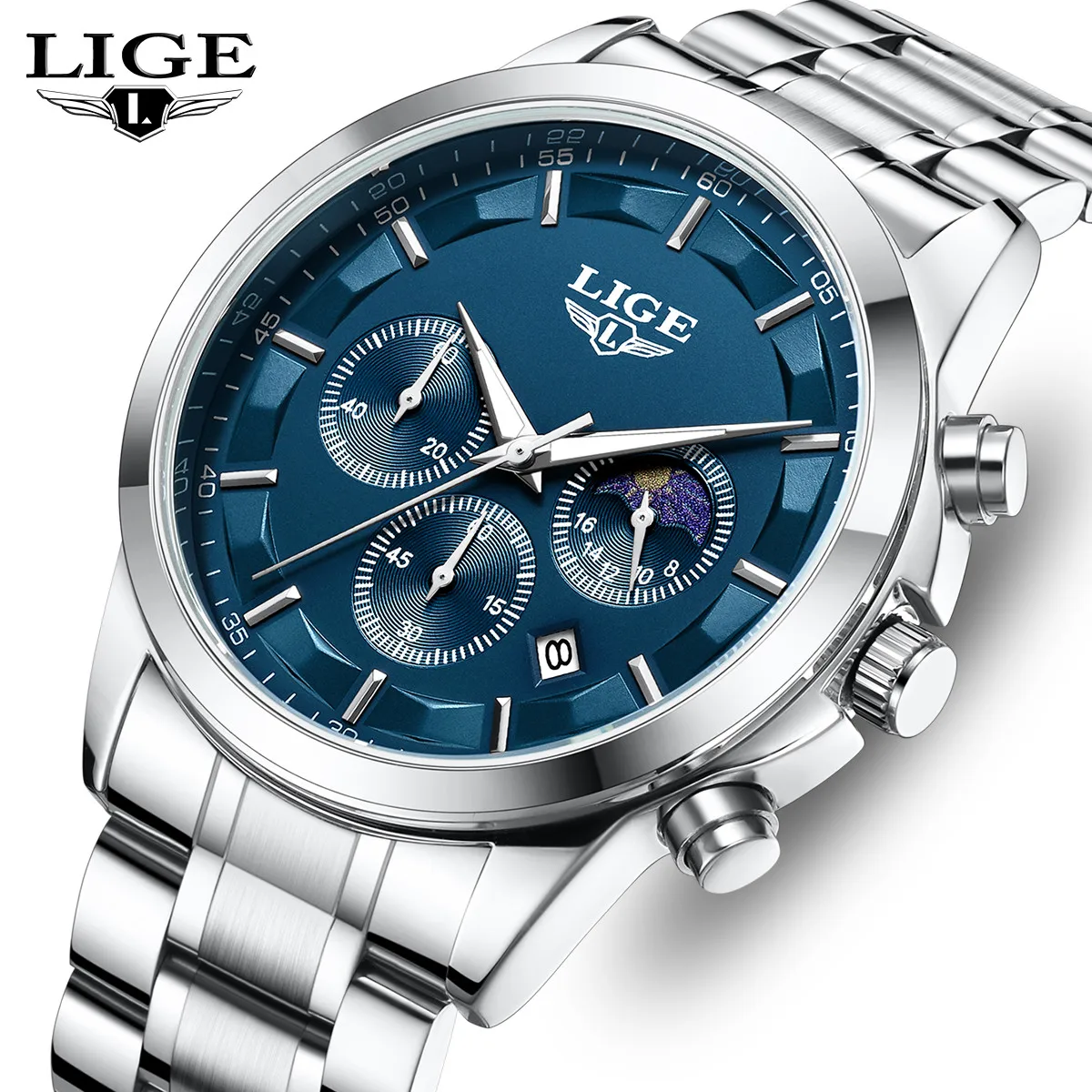 

LIGE Men's Quartz Watch Luxury Luminous Waterproof Chronograph Sports Man Wristwatch Business Date Moon Phase Men Watches+Box