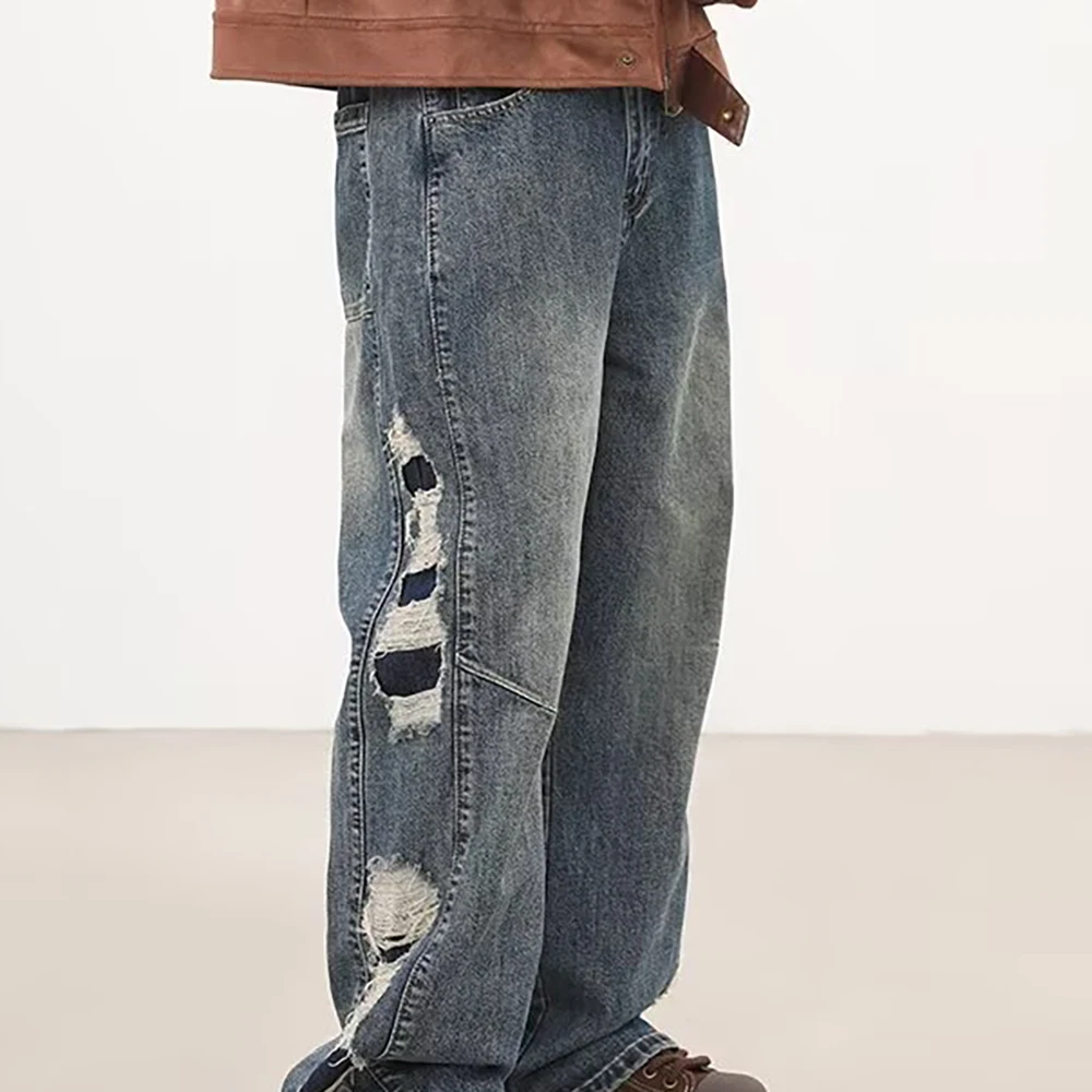 Vintage Fashion Casual Denim Baggy Jeans Washed Loose Fit Man Pants Streetwear Blue Cloths Straight Trousers Men Clothing