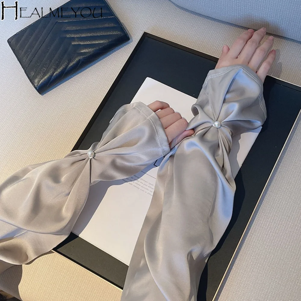 

Sun Protection Silk Fabric Sleeves Thin UV Protection Breathable Long Arm Sleeves Pearl Hand Sleeves Yarn Arm Sunscreen Covers
