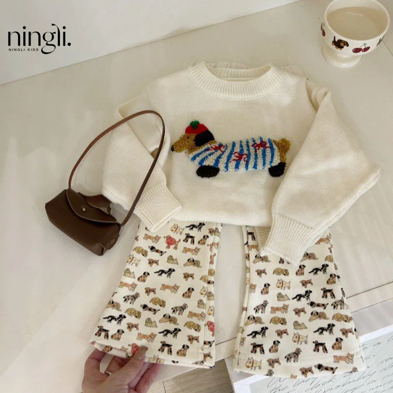 

Girls' Autumn and Winter New Cartoon Puppy Sweater Full Printed Bell-Bottom Pants Baby Western Style Fashion Two-Piece Suit Fash