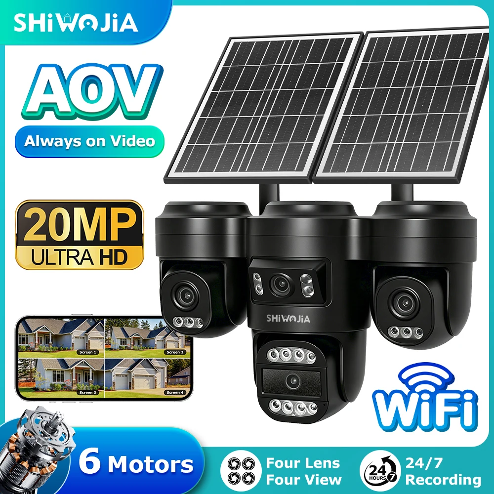 SHIWOJIA 20MP Outdoor Security Camera 4G/WiFi Cam AI Person Always On Video 4 lenses 6 independent drive HI EASY APP