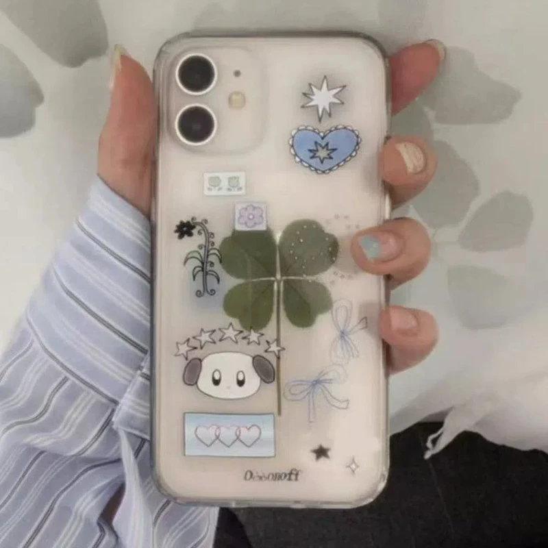 Korean Four-leaf Clover Puppy Love Bow Phone Case for IPhone 16 15 14 13 Pro Max Phone Back Cover for 12 11 Pro Max Capa