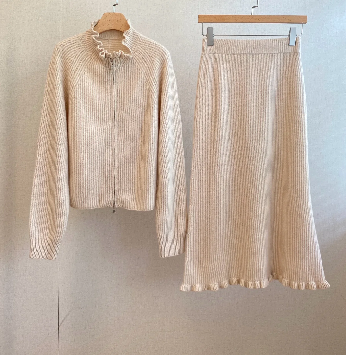 Elegant Ruffle Trim Knit Matching Set Ribbed Zip Cardigan and Frill Hem Midi Skirt For Women