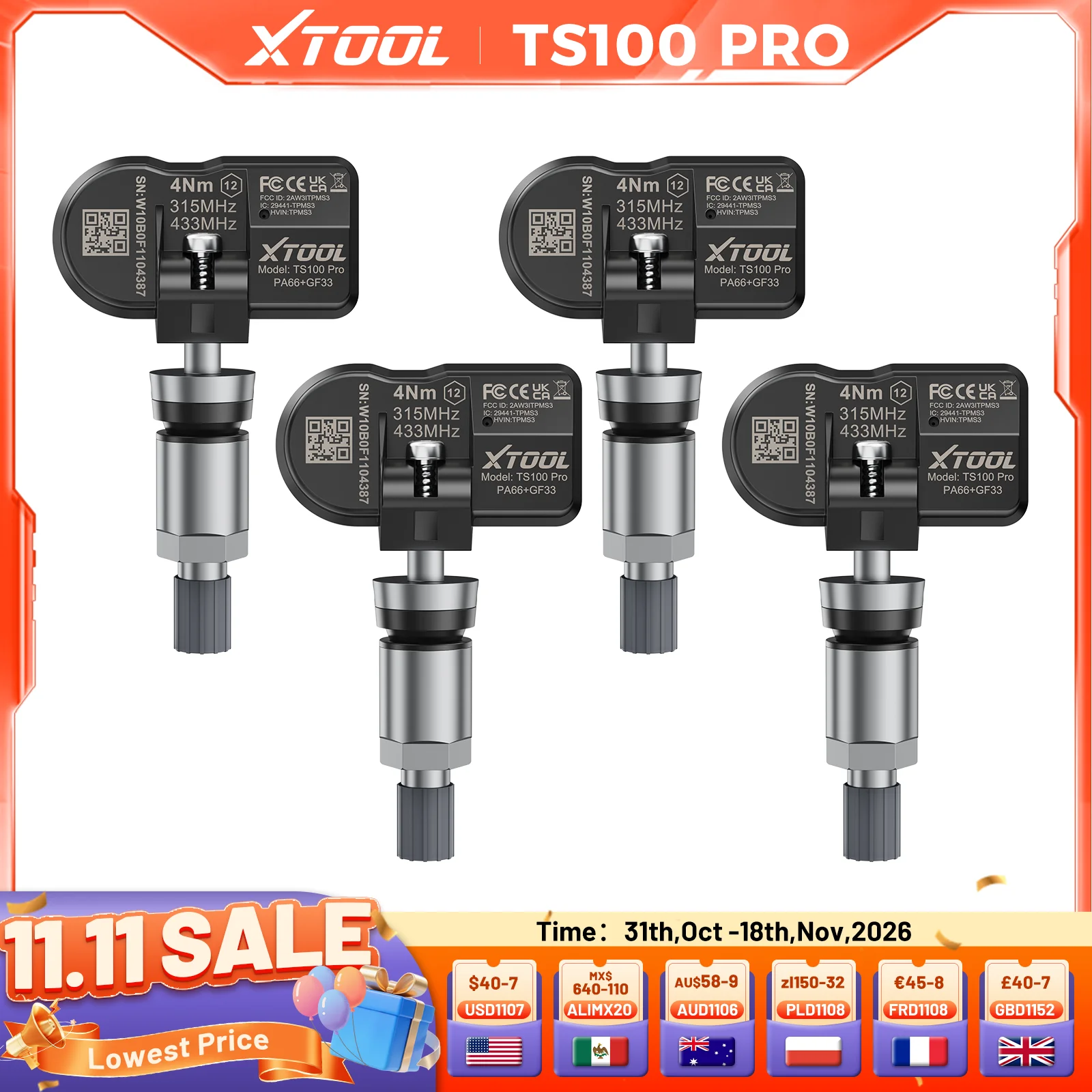 XTOOL TS100 PRO 4PCS Upgraded TPMS Sensor 315Mhz/433MHz Tire Pressure Monitoring Tester Programmed by XTOOL TP150/IP819TP