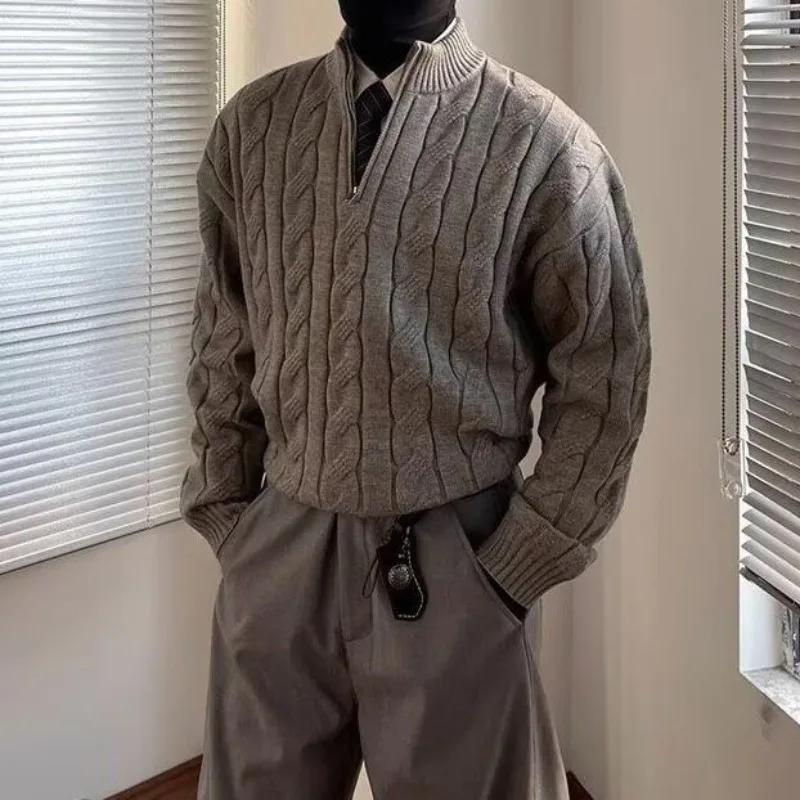 Autumn New Half Zipper Sweaters Men's Old Money Twists Pattern Half High Collar Knit Pullovers British Lazy Comfortable Jumpers