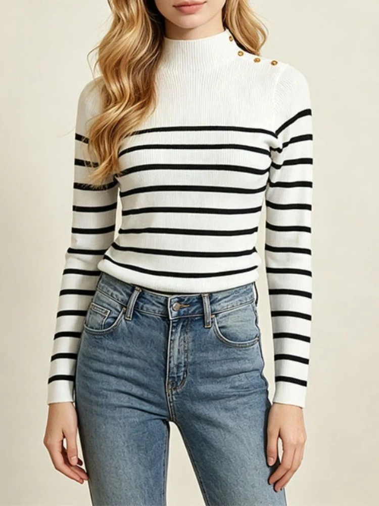 Autumn Winter Women's Knit Stripe Mock Neck Pullover Simple Casual Sweater Lady Fashion Warm Female Long Sleeves Tops Clothing