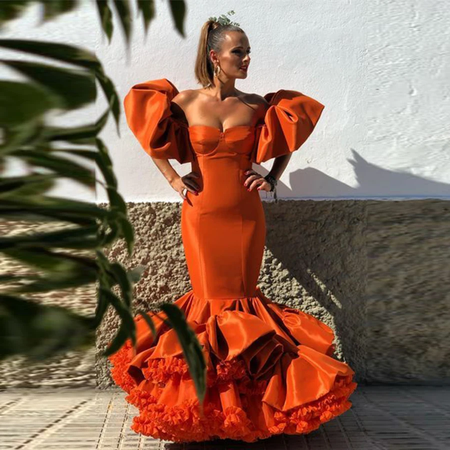 Orange Off The Shoulder Prom Dresses Tiered Ruffles Mermaid Evening Gowns Women Formal Occasion Party Dress Robe De Soiree