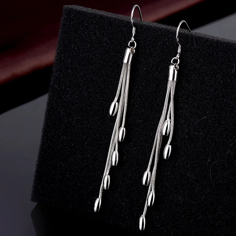 New 925 Sterling Silver Beautiful Tassel oval bead earrings for women fashion Street Versatile jewelry party wedding Couple gift