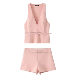 TRAF2024 autumn new women's clothing simple fashion casual solid color all-match advanced belt vest top shorts suit