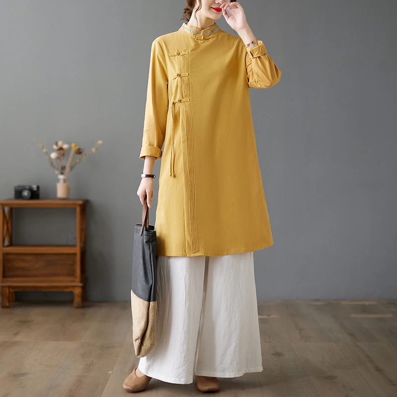 

Комплект из двух предметов: вышитая блузка с длинными рукавами большого размера и брюки с широкими штанинами, весенне-осенний повседневный удобный хлопковый костюм