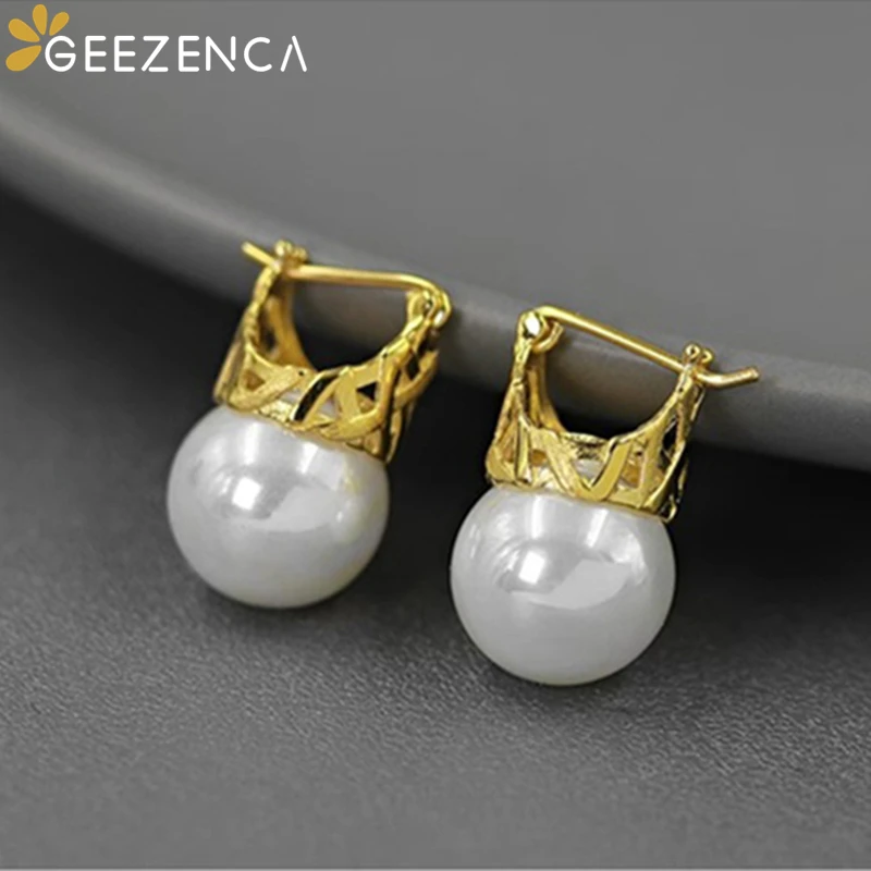 GEEZENCA Shell Pearl 925 Sterling Silver Crown Małe kolczyki dla kobiet Dziewczyna Minimalizm Luksusowy szykowny kolczyk kółka 2024 Nowy prezent