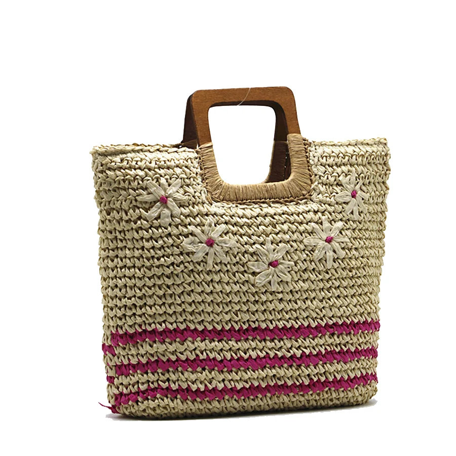 Casual Large Straw Woven Tote Bag Embroidered Design Striped Women Handbags Wooden Hand Handle Summer Beach Bag Shopper Clutches