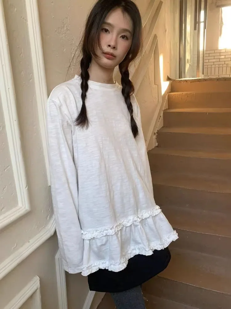 Women T Shirts Patchwork Long Sleeve Autumn New Fashion Loose Ruffles Solid Tops Y2k Aesthetic Female Casual Tee Shirt