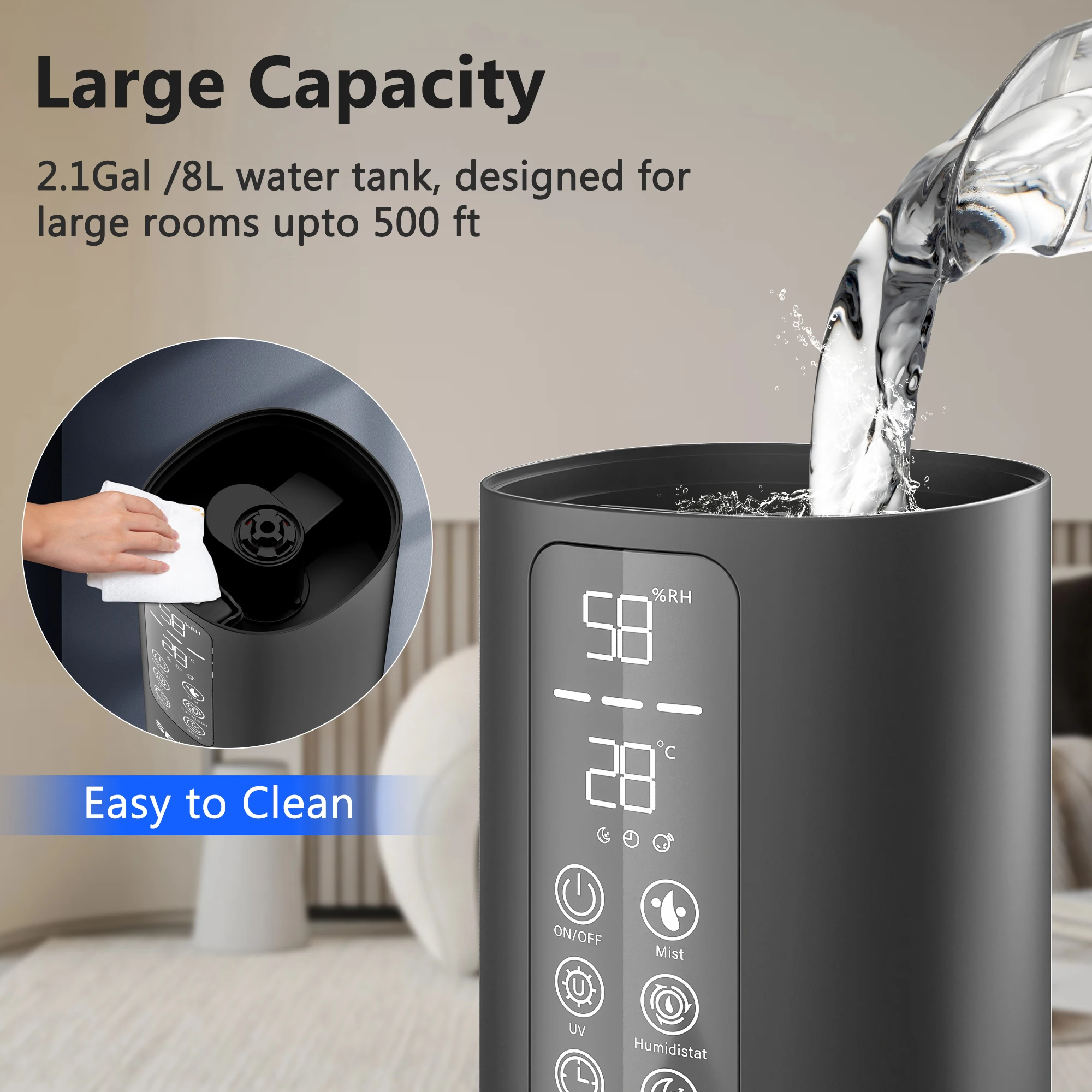 Sejoy-Humidificateur d'air à brume fraîche avec télécommande, buse à 2.11 °, 8l, 360 gallons, remplissage supérieur, grande pièce, chambre à coucher, bureau de bébé