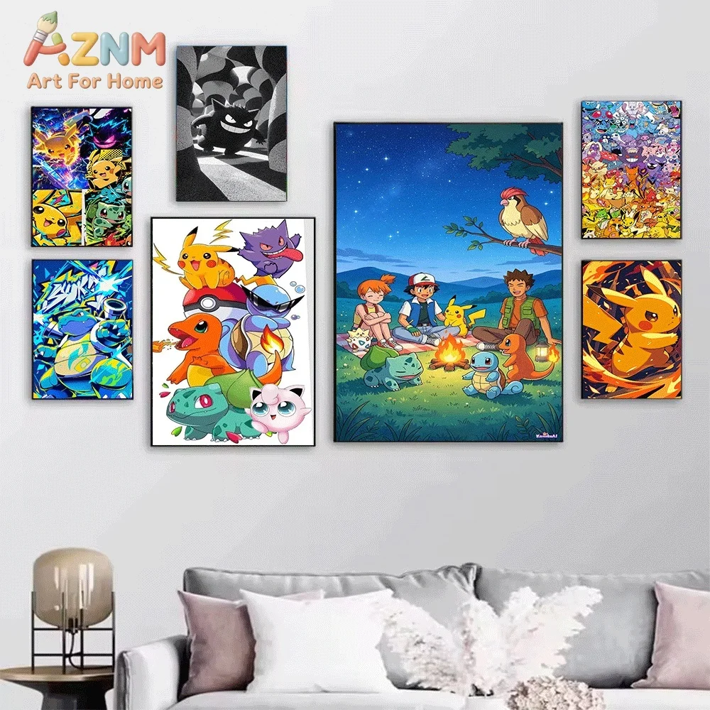 AZNM Cyndaquil Fire‑Type Anime Creature Color Splash Explosion Canvas Wall Print, Pokemon Game Art Poster, Unframed Canvas Pai