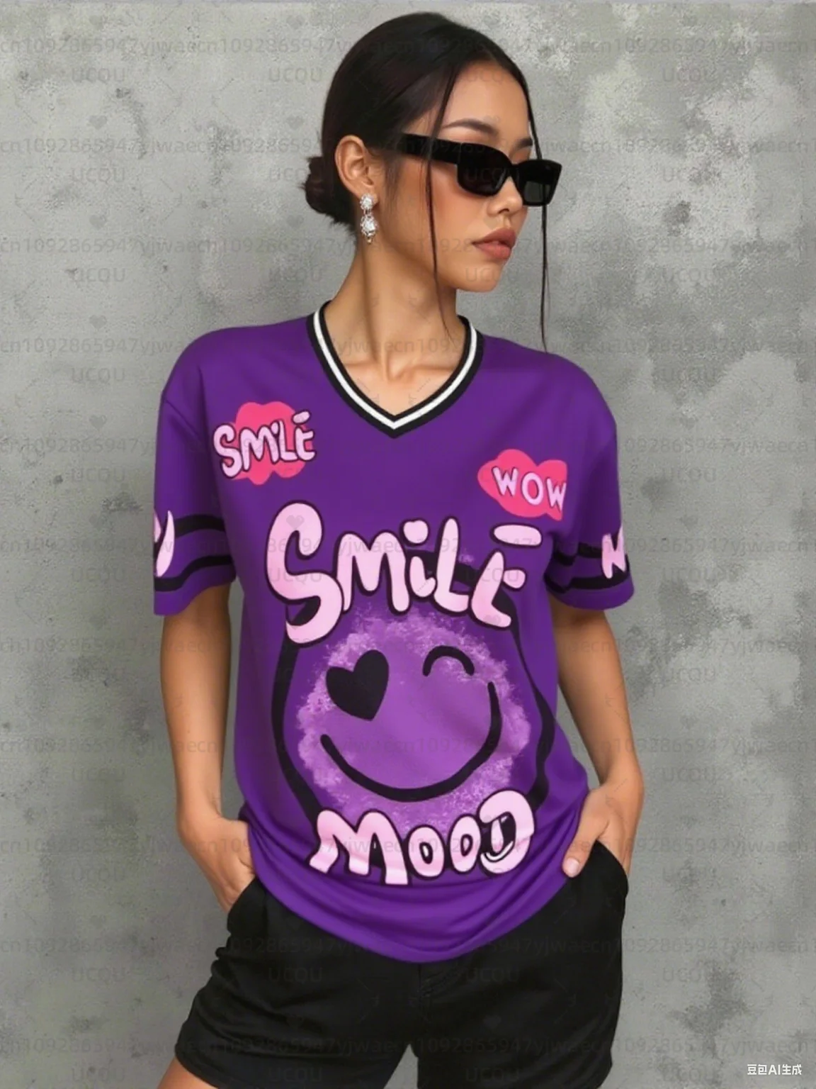 여성용 만화 패턴 프린트 V넥 반팔 티셔츠 여름 그래픽 티셔츠 야구 저지 플러스 사이즈 스포츠 티셔츠