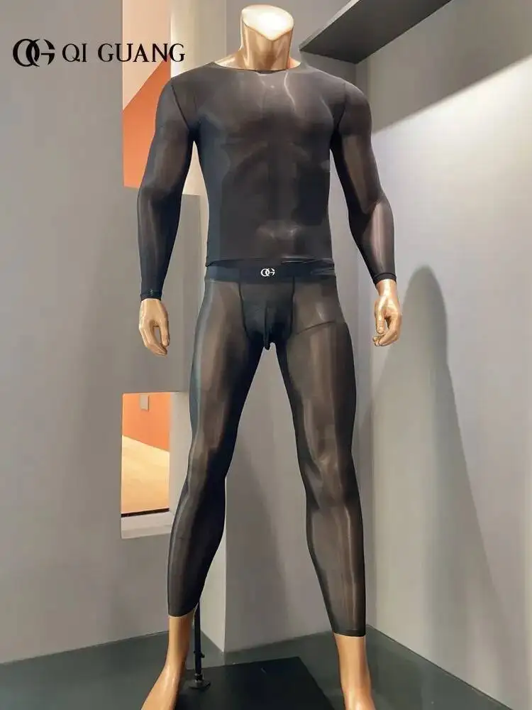 

Random Logo Ultra-thin See Through Seamless 2 Pieces Set Men Plus Size Sexy Sheer Leggings Sport Shape Long Sleeve Top