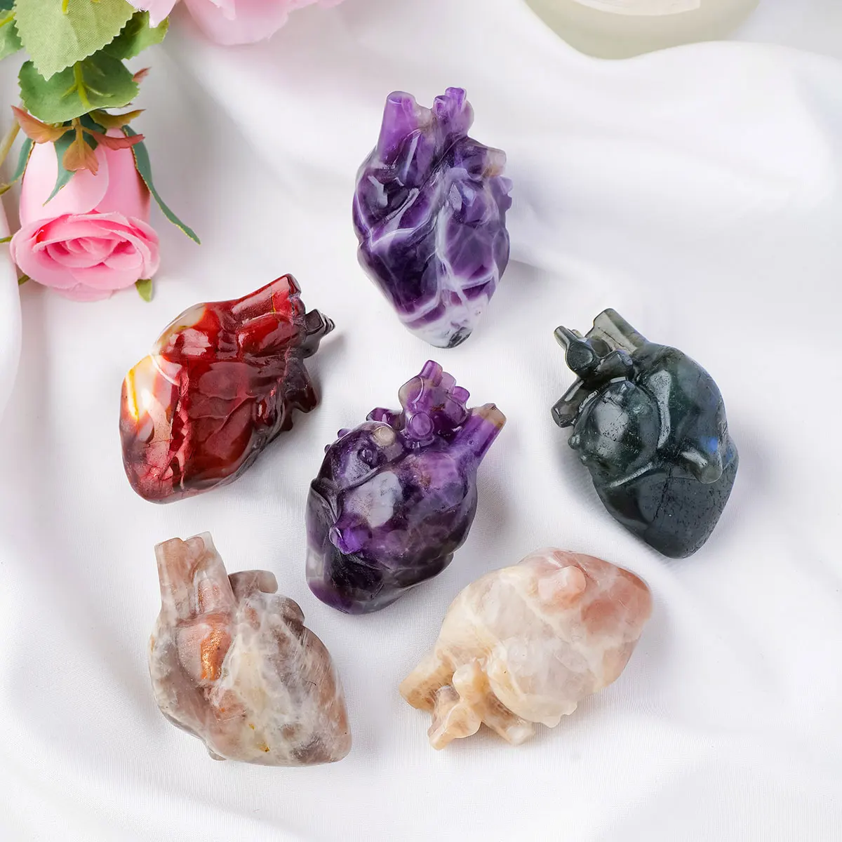 1PC Natural Crystal Stone Amethyst Labradorite Heart Head Carving Wicked Witch Energy Decorations Easter Halloween Christmas view 4