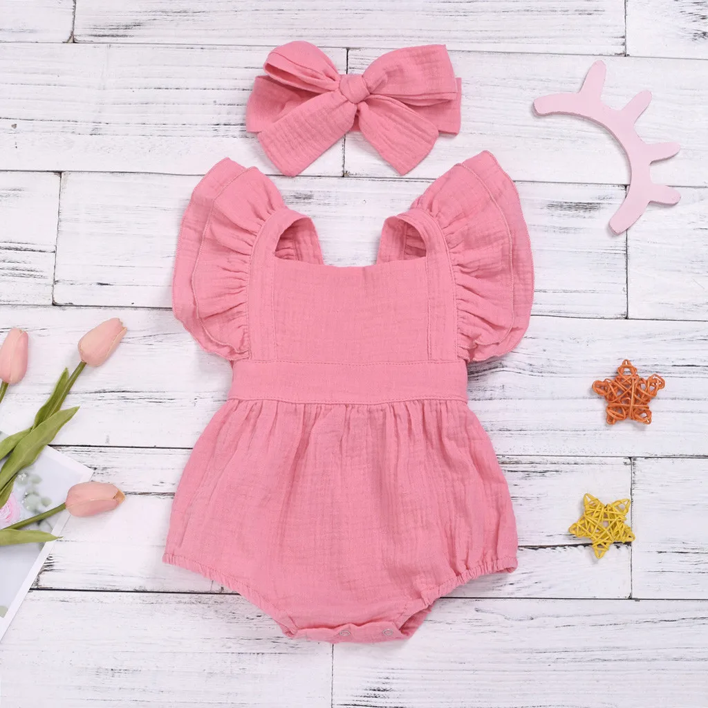 Summer Newborn Infant Baby Girls Romper Bodysuits+Headband Outfits Muslin Sleeveless Rompers Kids Onepiece Fashion Baby Clothing