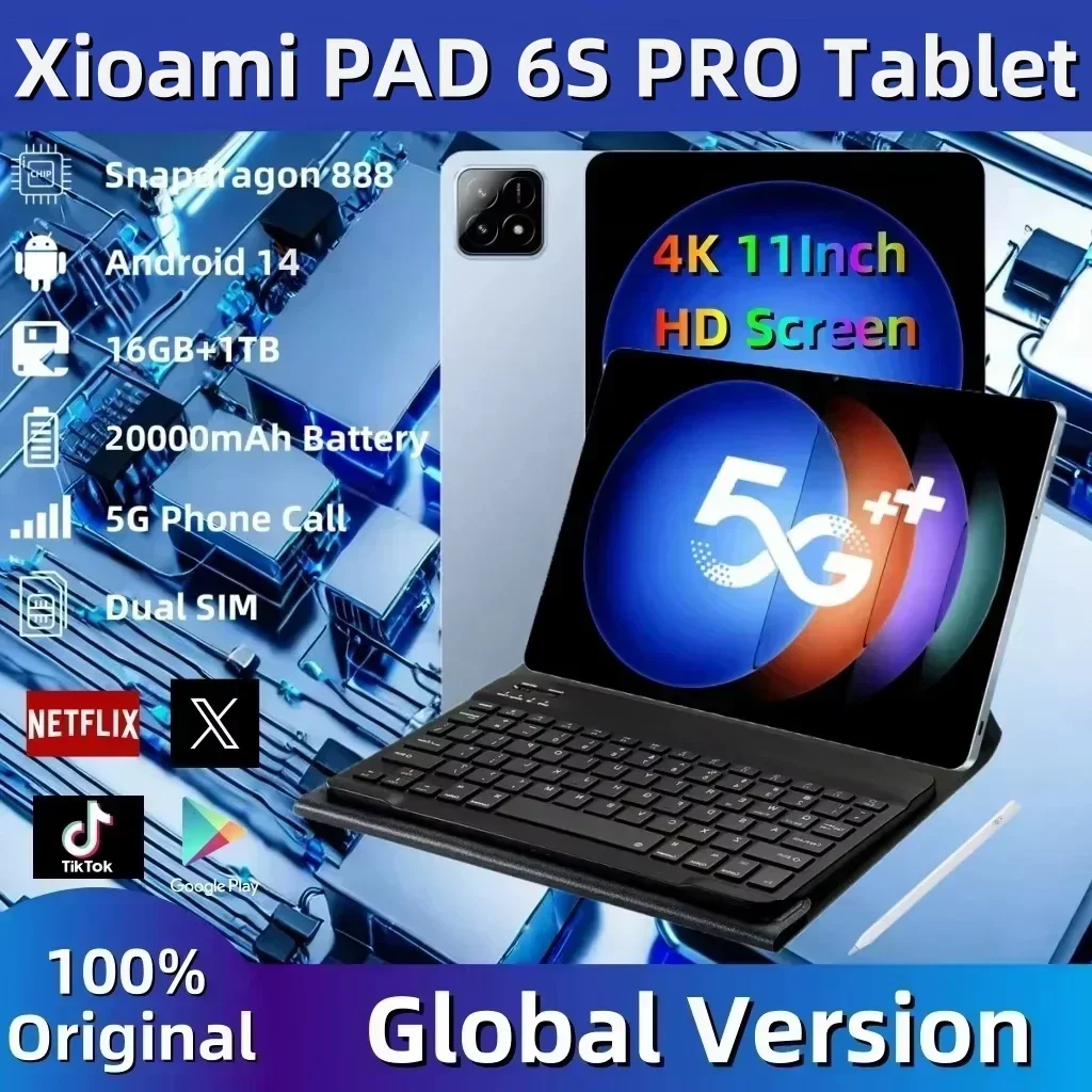 Xioami-Tableta 6S Pro de 11 pulgadas, Tablet HD 4K con Android 14, 16GB + 1T, 2024 mAh, 5G, Dual SIM, llamadas telefónicas, Bluetooth, WiFi, GPS,