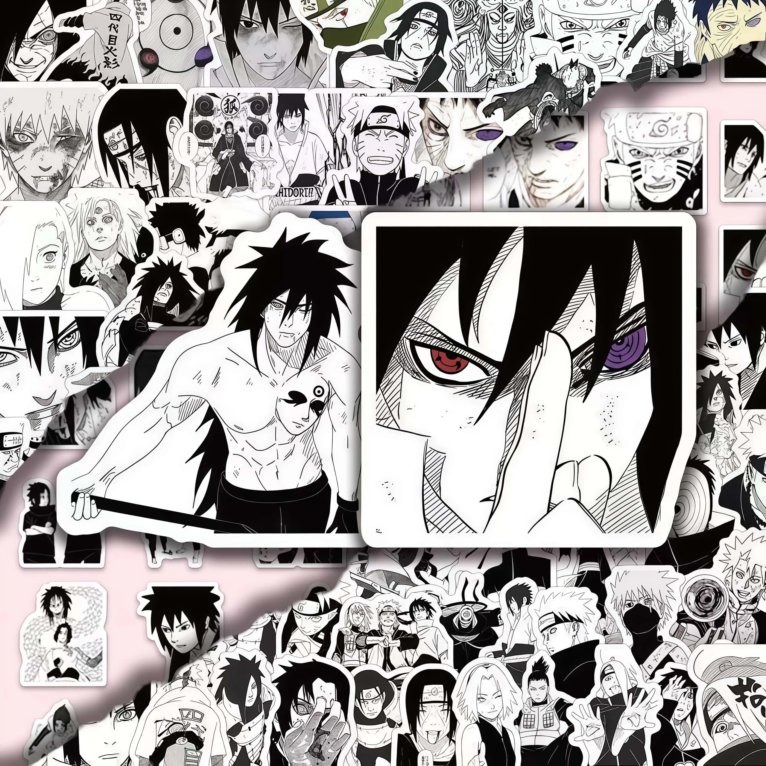 100Pcs Naruto Black & White Manga Style Sticker Set, Classic Anime Character Scene Decals for Laptop, Skateboard & DIY Decor