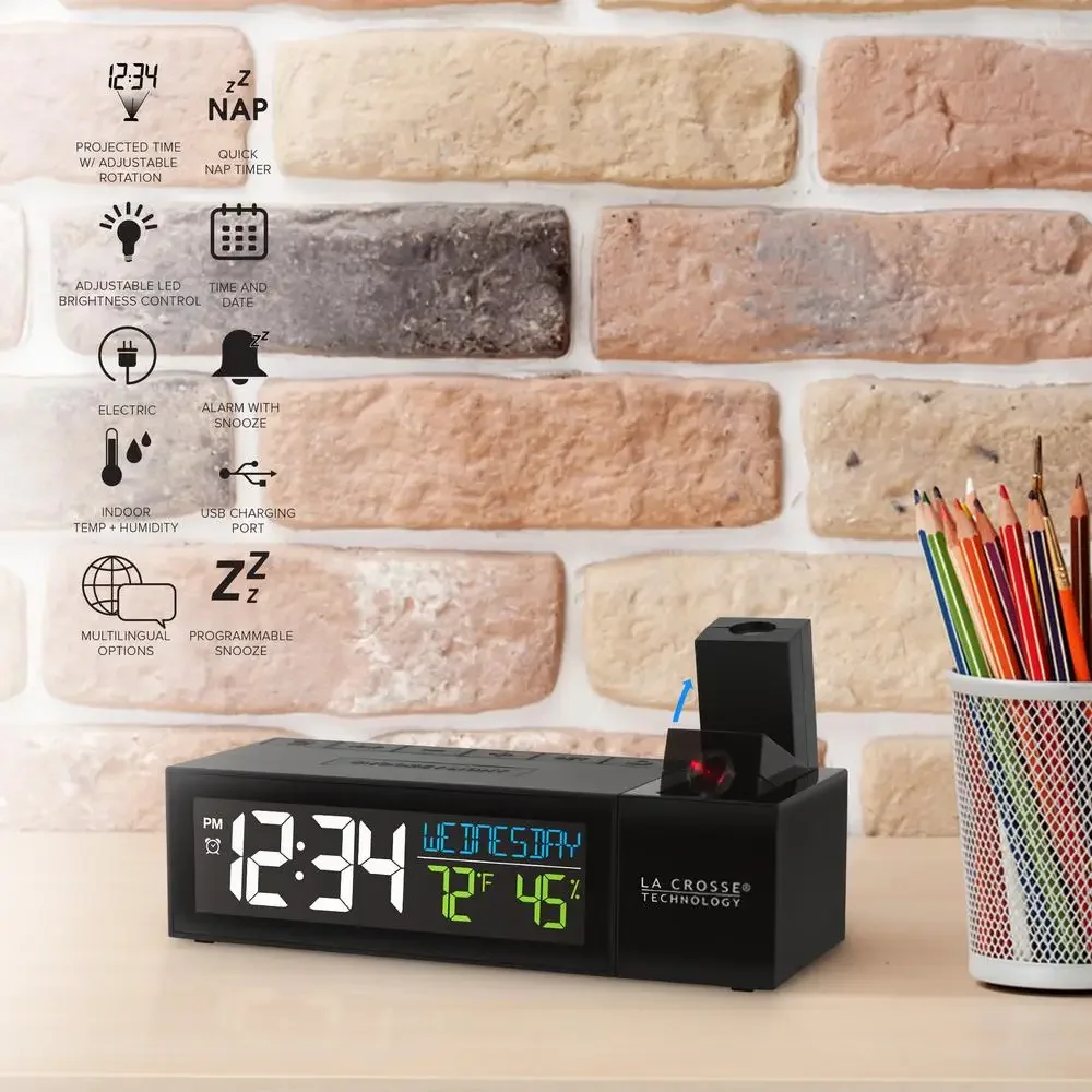 Projection LCD Alarm Clock USB Port Temperature Humidity Calendar Timer USB Charging Black Wall Ceiling Display Rotation