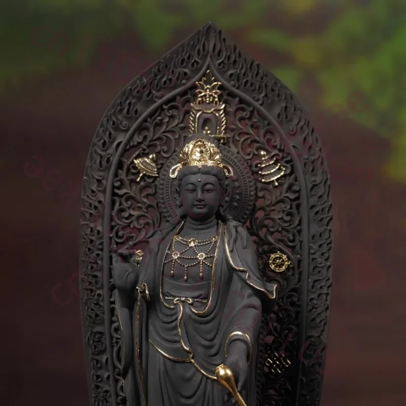 Hand Carved Wooden Painted Gilded Guanyin Kuan Yin Statue w/ Vase Mandala - Bodhisattva Spiritual Ornament Home Temple Altar