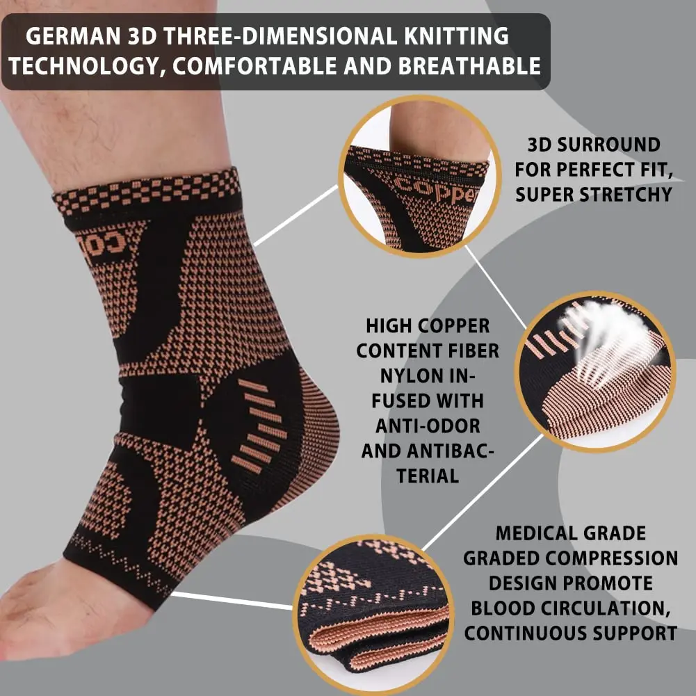 1Pcs Copper Ankle Brace,Copper Infused Ankle Support Compression Sleeve for Men & Women,for Foot Pain,Sprained Ankle,Recovery