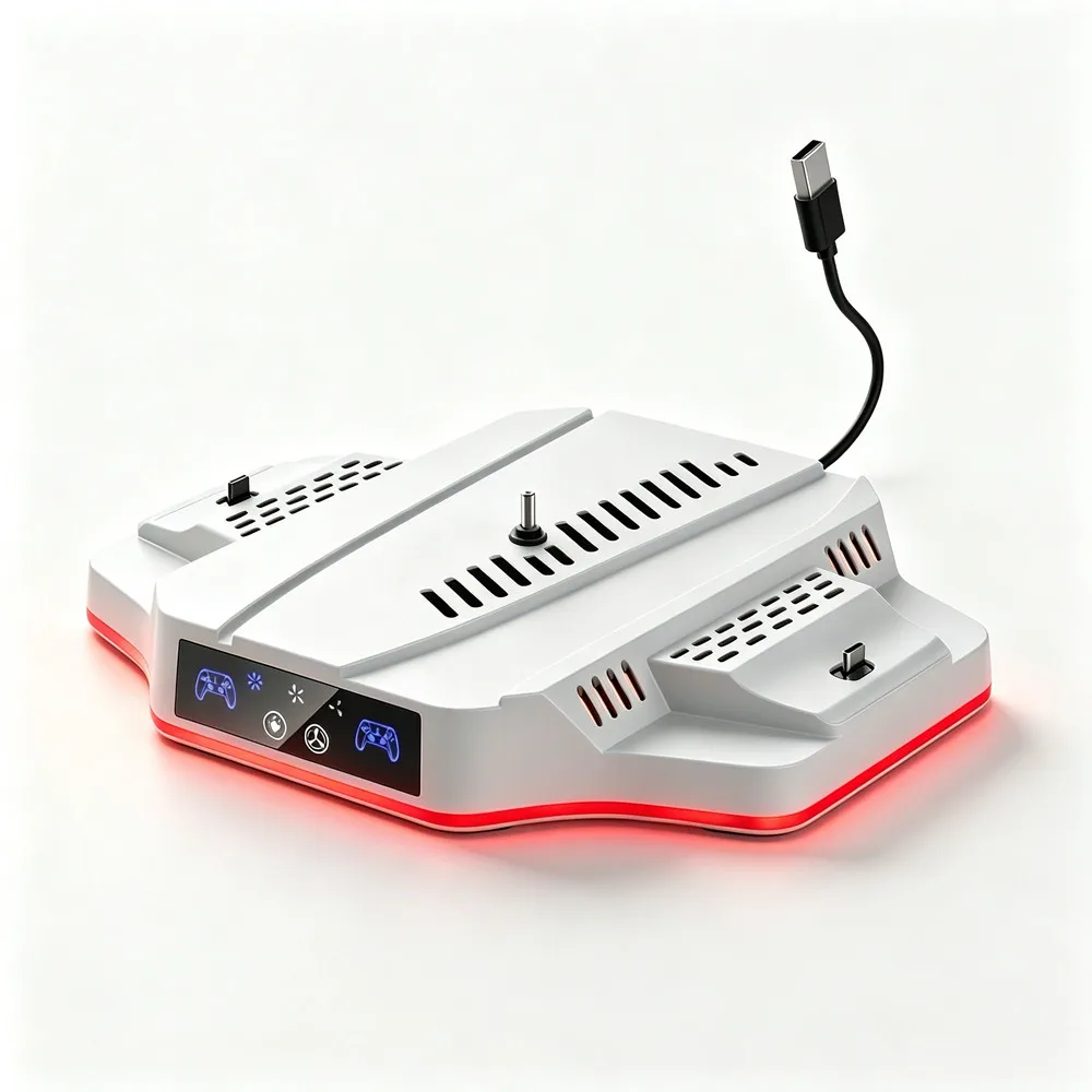 Verticale koelstandaard voor de PS5 Slim/Pro, met ventilator, RGB-verlichting, dubbele controllerlader, LED-indicator en oplaadstation met USB-aansluiting.