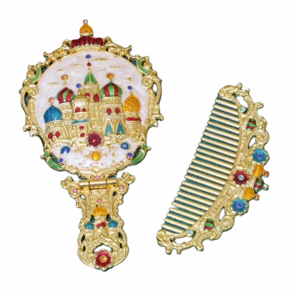 3D Handheld Handheld Mirror Set Collapsible Luxury Retro Relief Folding Comb Set with Comb Portable Vintage Embossed Mirror