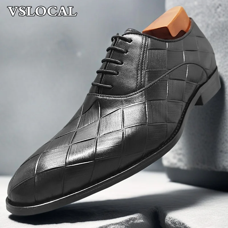 

Luxury Brand Men Leather Shoes Lace Up Pointed Toe Cross Threaded Print Oxford Mens Dress Shoes Wedding Office Shoes Man