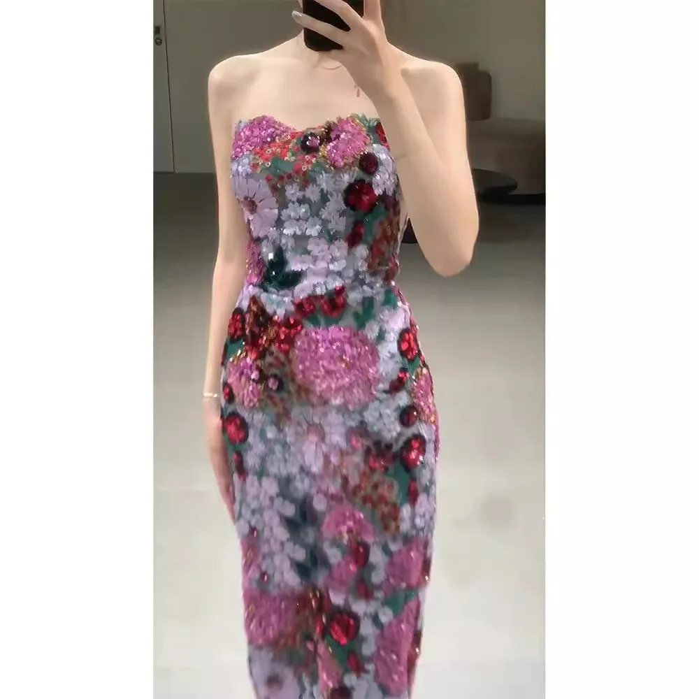 Japanese and Korean Style Floral Embroidery Sequin Long Dress Women\'s Clothing Tight Retro Purple Sexy Elegant Women\'s Dresses