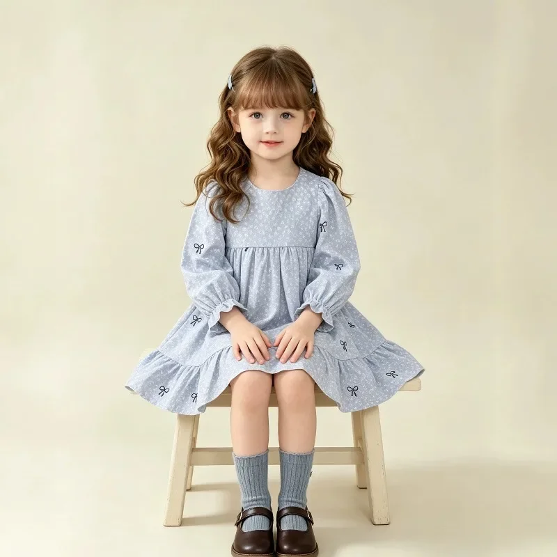 Kinder Mädchenkleid RAISE Herbst Schleife Blumendruck Kinder Mädchen Prinzessinnenkleid Rundhals 2-8 Jahre Mädchen Langarmkleid Haarband – Detail 6