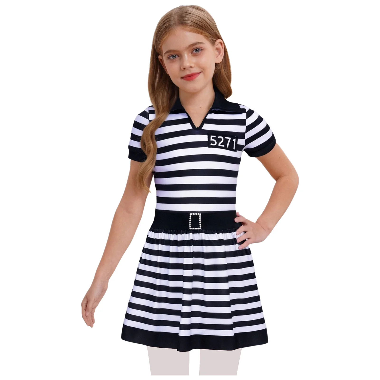 

Prisoner Cosplay Dress Short Sleeve Crotch Press Button Ruffled A-Line Skirt for Halloween Carnival Party Role Play